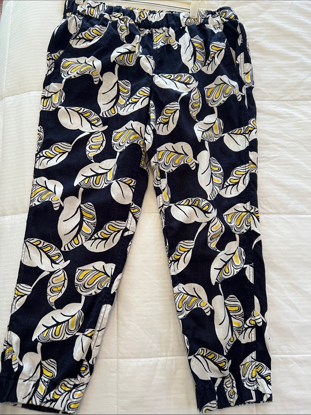J. Crew Navy Linen Leaf-Print Joggers with Cream and Yellow Accents